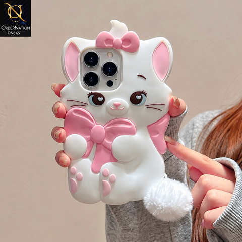 iPhone 14 Pro Cover - White - Premium 3D Cartoon Character Soft Silicone Mobile Cover with Cute Pink Bow & Pom Pom Tail