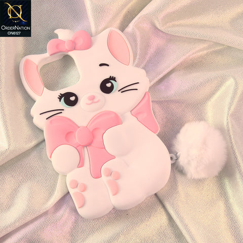 iPhone 14 Pro Cover - White - Premium 3D Cartoon Character Soft Silicone Mobile Cover with Cute Pink Bow & Pom Pom Tail
