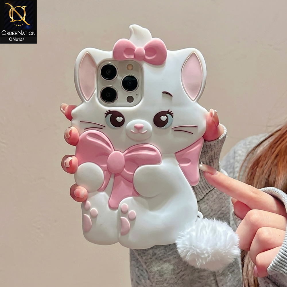 iPhone 16 Pro Max Cover - White - Premium 3D Cartoon Character Soft Silicone Mobile Cover with Cute Pink Bow & Pom Pom Tail
