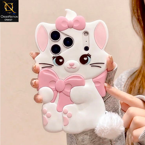 iPhone 17 Pro Max Cover - White - Premium 3D Cartoon Character Soft Silicone Mobile Cover with Cute Pink Bow & Pom Pom Tail