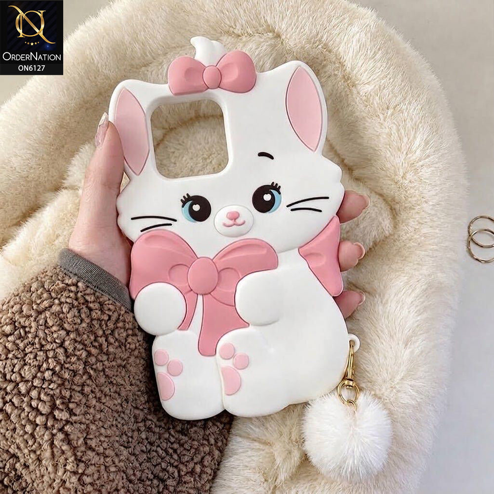 Realme Narzo N61 Cover - White - Premium 3D Cartoon Character Soft Silicone Mobile Cover with Cute Pink Bow & Pom Pom Tail