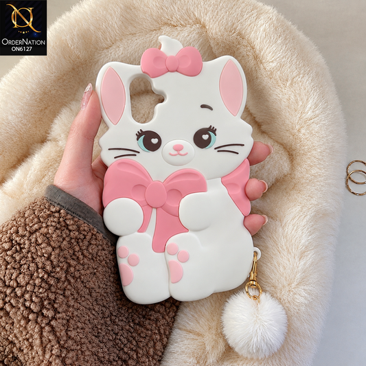 Samsung Galaxy M07 Cover - White - Premium 3D Cartoon Character Soft Silicone Mobile Cover with Cute Pink Bow & Pom Pom Tail