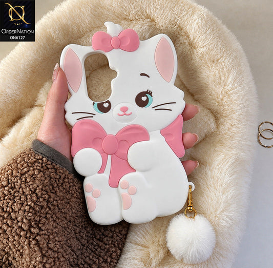 Infinix Smart 10 Cover - White - Premium 3D Cartoon Character Soft Silicone Mobile Cover with Cute Pink Bow & Pom Pom Tail