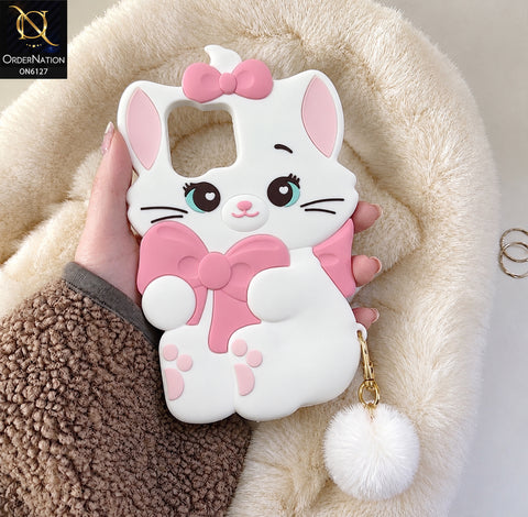 Vivo Y05 Cover - White - Premium 3D Cartoon Character Soft Silicone Mobile Cover with Cute Pink Bow & Pom Pom Tail