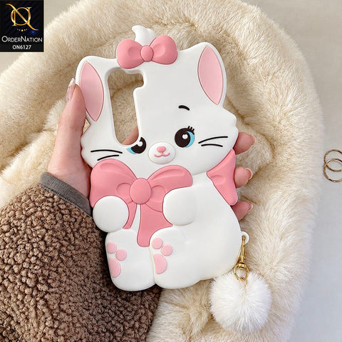 Vivo Y19 5G Cover - White - Premium 3D Cartoon Character Soft Silicone Mobile Cover with Cute Pink Bow & Pom Pom Tail