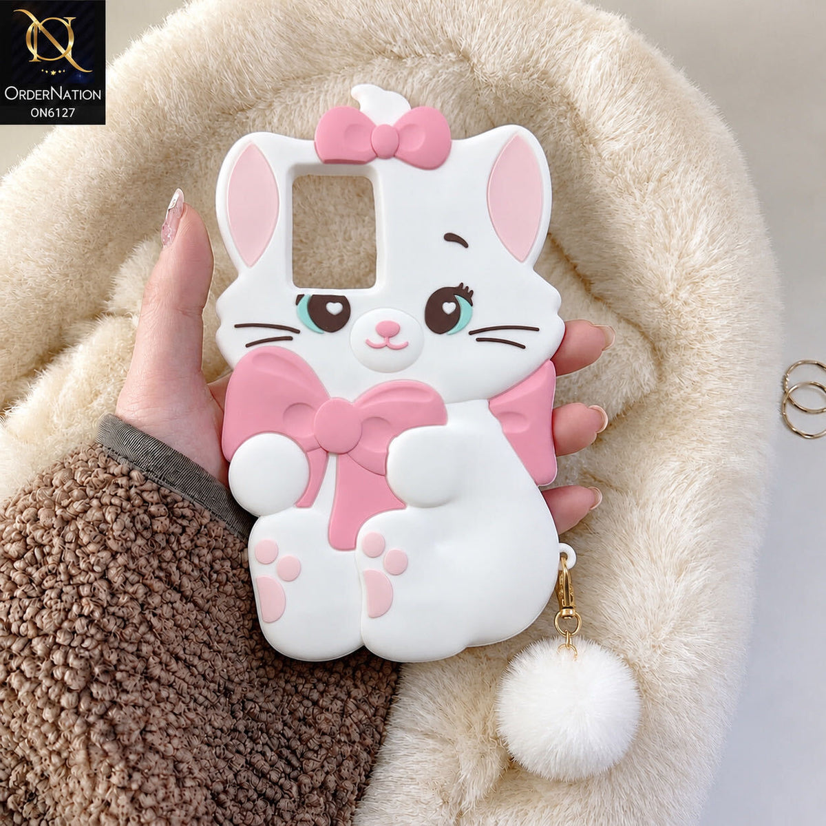 Vivo Y53s 4G Cover - White - Premium 3D Cartoon Character Soft Silicone Mobile Cover with Cute Pink Bow & Pom Pom Tail