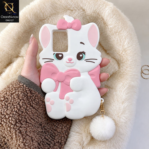 Vivo Y53s 4G Cover - White - Premium 3D Cartoon Character Soft Silicone Mobile Cover with Cute Pink Bow & Pom Pom Tail