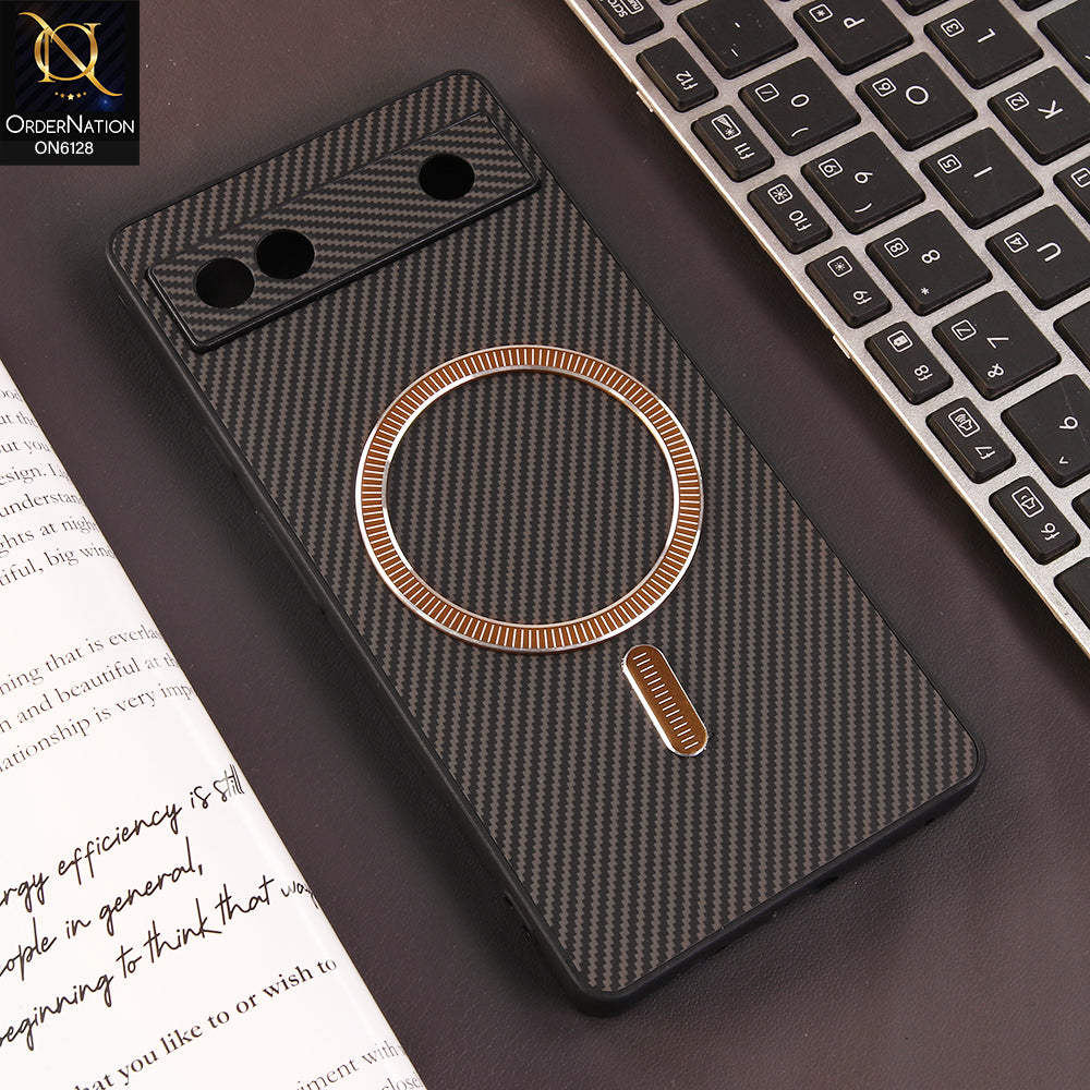 Google Pixel 6a Cover - Brown - Premium Carbon Fiber Texture Magnetic Shockproof Slim Luxury Mobile Back Cover