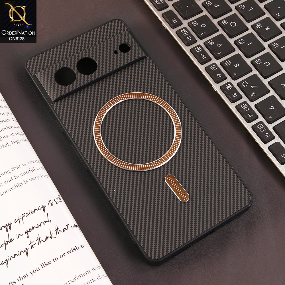 Google Pixel 7 Cover - Brown - Premium Carbon Fiber Texture Magnetic Shockproof Slim Luxury Mobile Back Cover