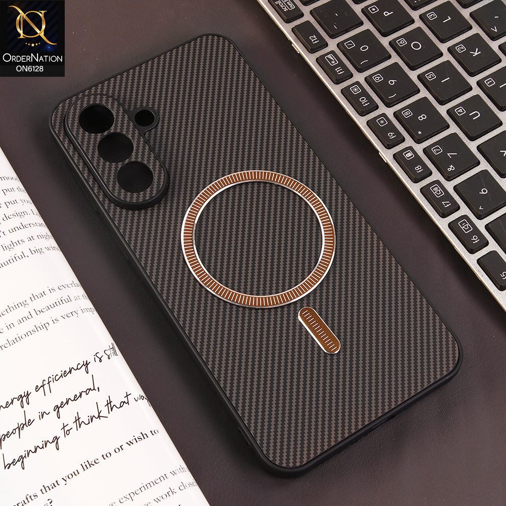 Samsung Galaxy A57 Cover - Brown - Premium Carbon Fiber Texture Magnetic Shockproof Slim Luxury Mobile Back Cover