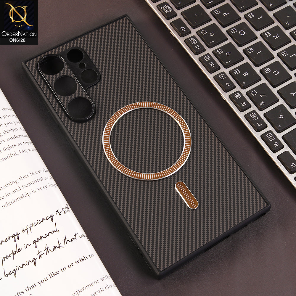 Samsung Galaxy S23 Ultra 5G Cover - Brown - Premium Carbon Fiber Texture Magnetic Shockproof Slim Luxury Mobile Back Cover