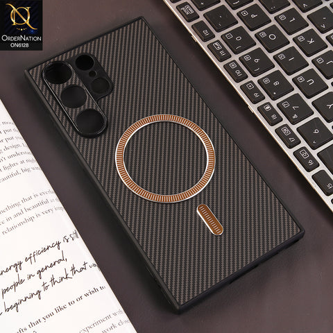 Samsung Galaxy S23 Ultra 5G Cover - Brown - Premium Carbon Fiber Texture Magnetic Shockproof Slim Luxury Mobile Back Cover