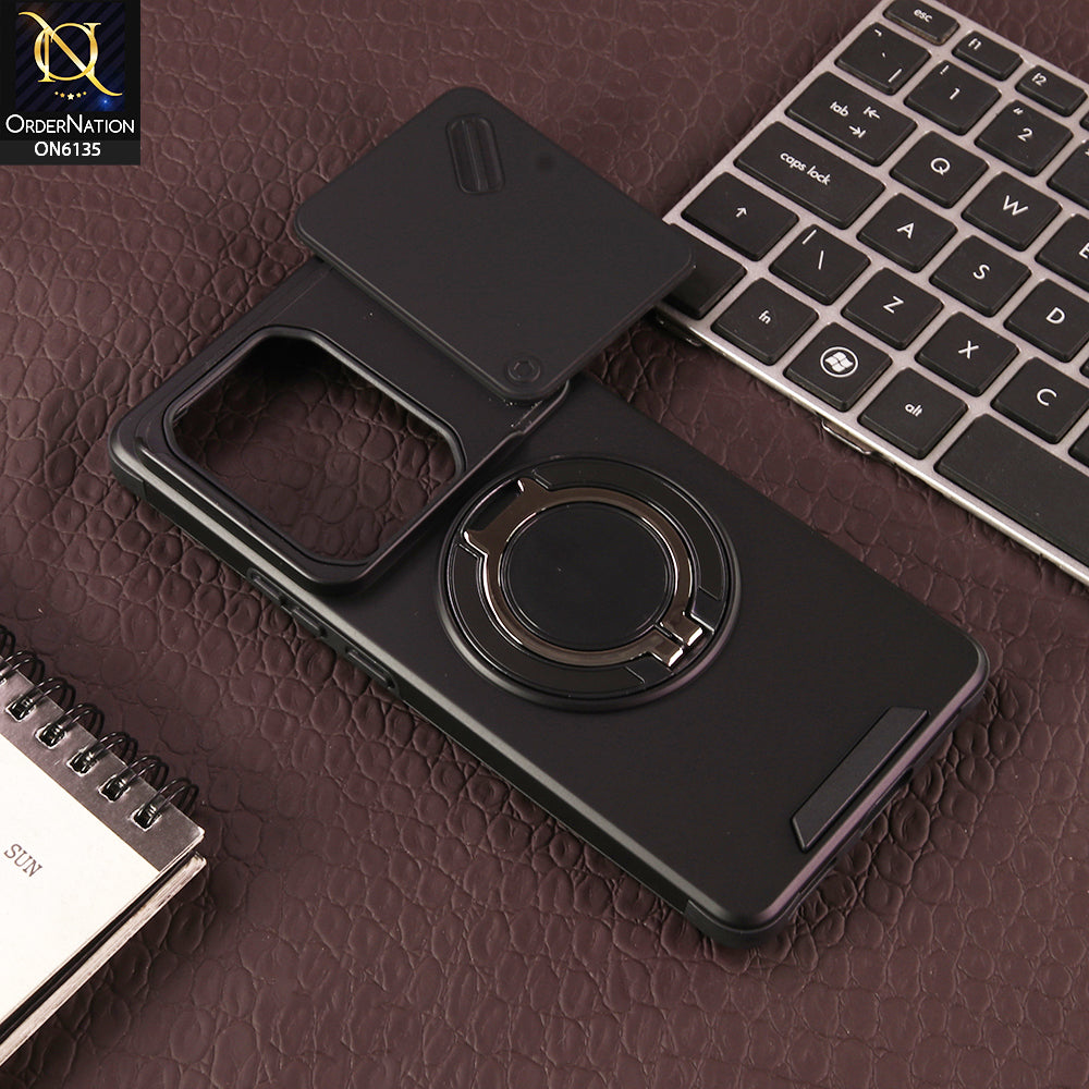 Infinix Note 50 4G Cover - Black - New Heavy Duty Shockproof Armor Cover with Sliding Camera Shutter and Ring Stand