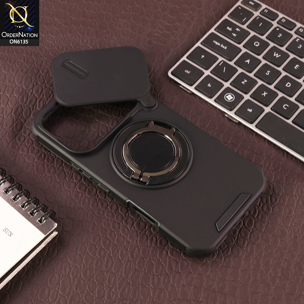 Infinix Note 60 Cover - Black - New Heavy Duty Shockproof Armor Cover with Sliding Camera Shutter and Ring Stand