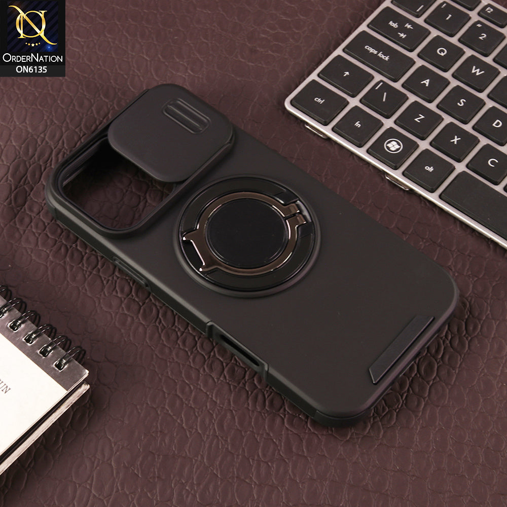 iPhone 16 Pro Max Cover - Black - New Heavy Duty Shockproof Armor Cover with Sliding Camera Shutter and Ring Stand