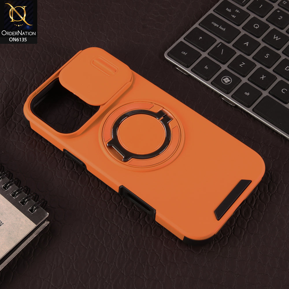 iPhone 16 Pro Max Cover - Orange - New Heavy Duty Shockproof Armor Cover with Sliding Camera Shutter and Ring Stand