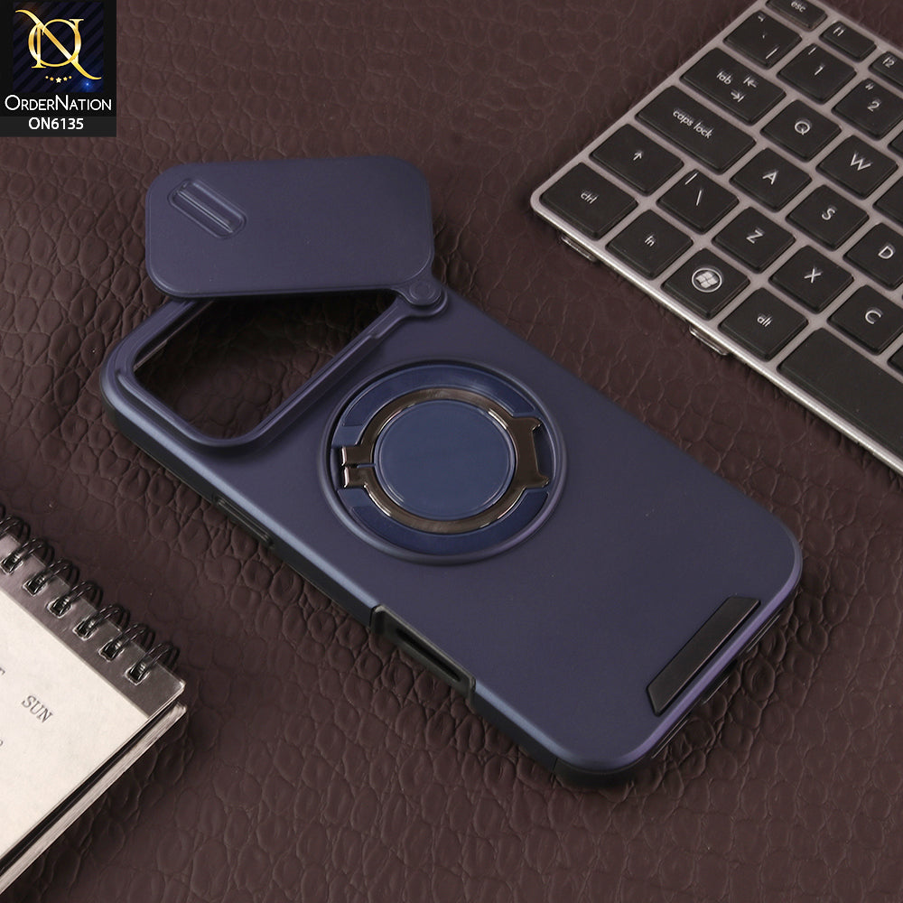 iPhone 17 Pro Max Cover - Blue - New Heavy Duty Shockproof Armor Cover with Sliding Camera Shutter and Ring Stand