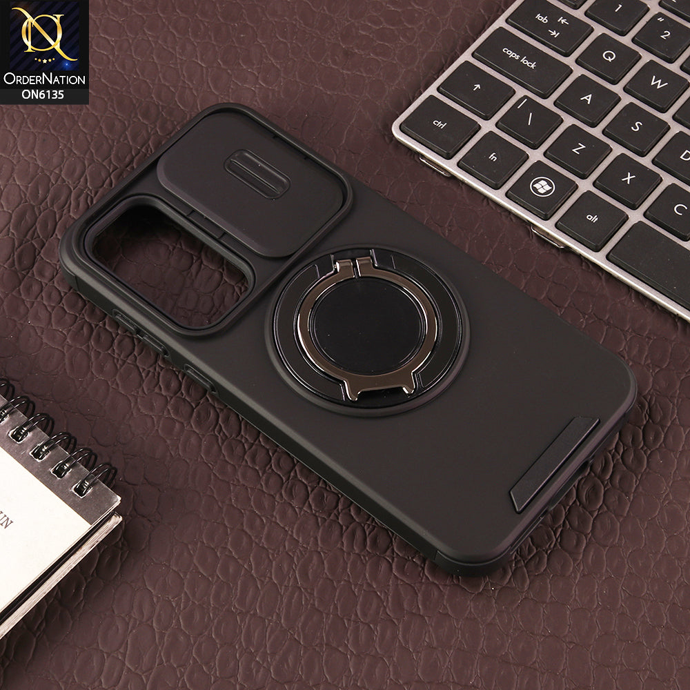 Samsung Galaxy A16 Cover - Black - New Heavy Duty Shockproof Armor Cover with Sliding Camera Shutter and Ring Stand