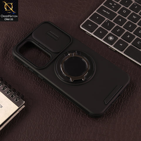 Samsung Galaxy A35 Cover - Black - New Heavy Duty Shockproof Armor Cover with Sliding Camera Shutter and Ring Stand