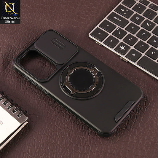 Samsung Galaxy A37 Cover - Black - New Heavy Duty Shockproof Armor Cover with Sliding Camera Shutter and Ring Stand
