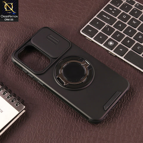 Samsung Galaxy A35 Cover - Black - New Heavy Duty Shockproof Armor Cover with Sliding Camera Shutter and Ring Stand