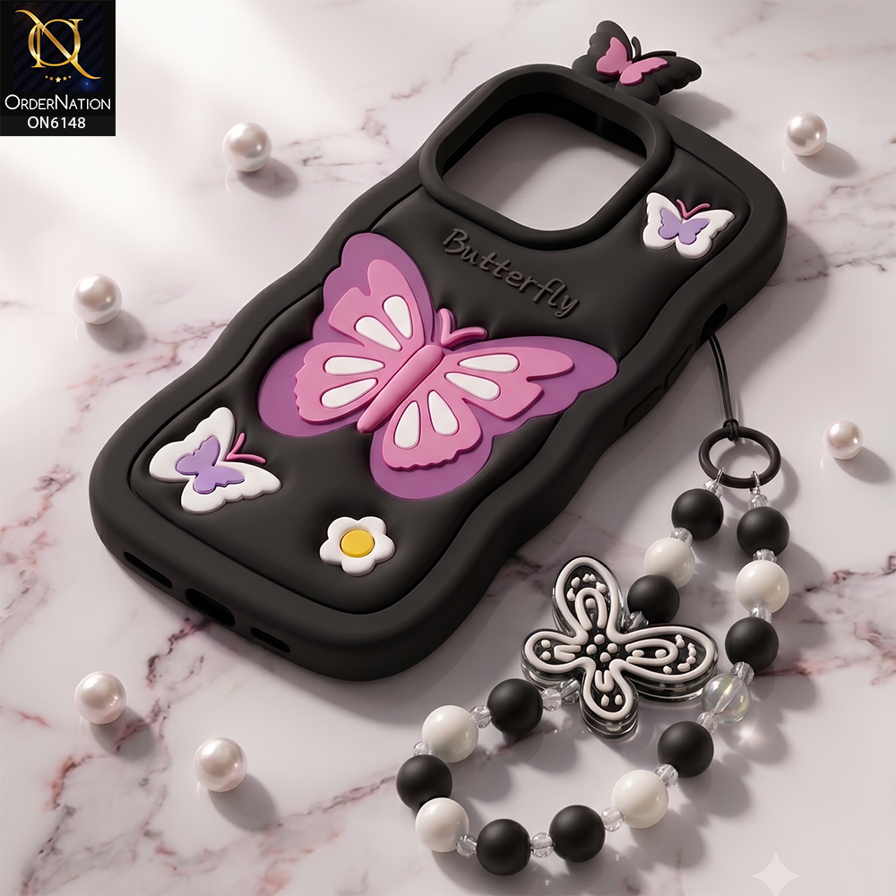 Apple iPhone 16 Pro Max Cover - Black - 3D Butterfly Silicone Case with Beaded Charm Bracelet Strap