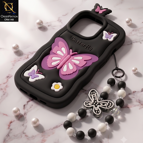 Apple iPhone 16 Pro Max Cover - Black - 3D Butterfly Silicone Case with Beaded Charm Bracelet Strap