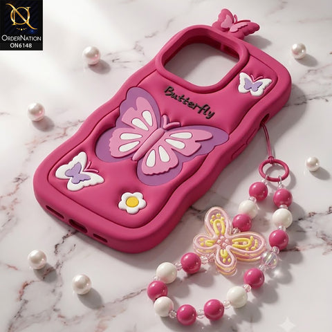 Apple iPhone 16 Pro Max Cover - Dark Pink - 3D Butterfly Silicone Case with Beaded Charm Bracelet Strap