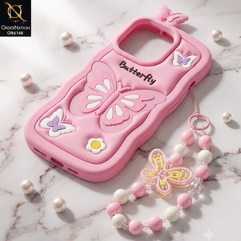 Apple iPhone 16 Pro Max Cover - Light Pink - 3D Butterfly Silicone Case with Beaded Charm Bracelet Strap