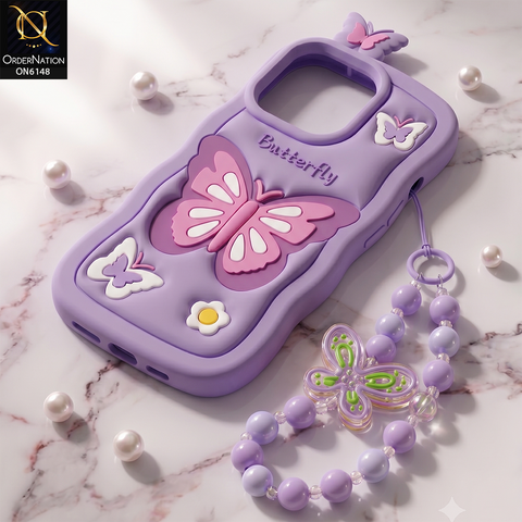 Apple iPhone 16 Pro Max Cover - Purple - 3D Butterfly Silicone Case with Beaded Charm Bracelet Strap