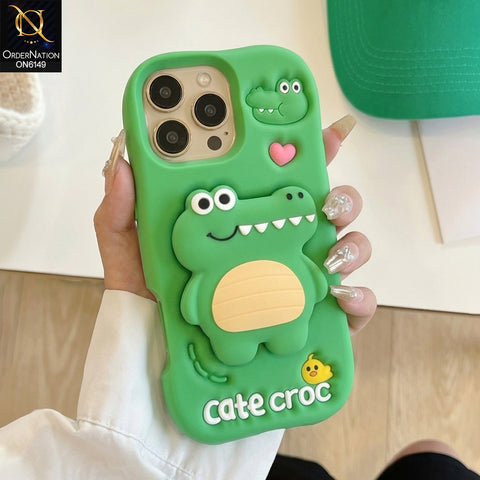 iPhone 16 Pro Max Cover - Green - Cute 3D Cartoon Character Soft Silicone Phone Case with Built-In Holder