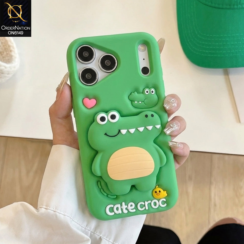 iPhone 17 Pro Max Cover - Green - Cute 3D Cartoon Character Soft Silicone Phone Case with Built-In Holder