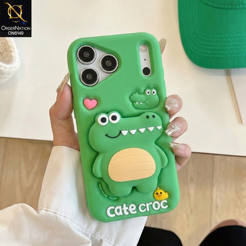 iPhone 17 Pro Max Cover - Green - Cute 3D Cartoon Character Soft Silicone Phone Case with Built-In Holder