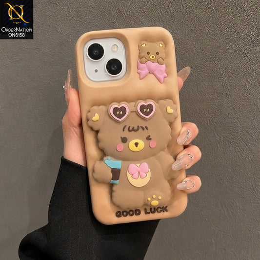 iPhone 14 Cover - Brown - Cute 3D Cartoon Soft Silicone Phone Cover with Built-in Holder Aesthetic Back Case