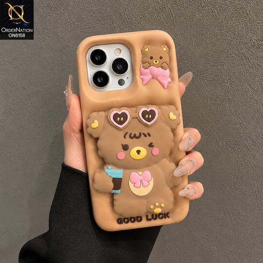 iPhone 14 Pro Cover - Brown - Cute 3D Cartoon Soft Silicone Phone Cover with Built-in Holder Aesthetic Back Case