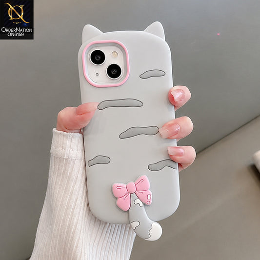 iPhone 15 Cover - Grey - Cute Bow 3D Tail Silicone Phone Case with Ear Details