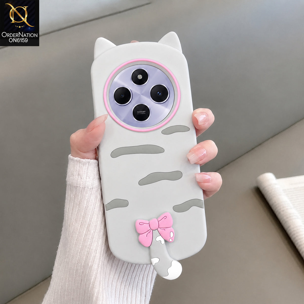 Xiaomi Poco C75 Cover - Grey - Cute Bow 3D Tail Silicone Phone Case with Ear Details