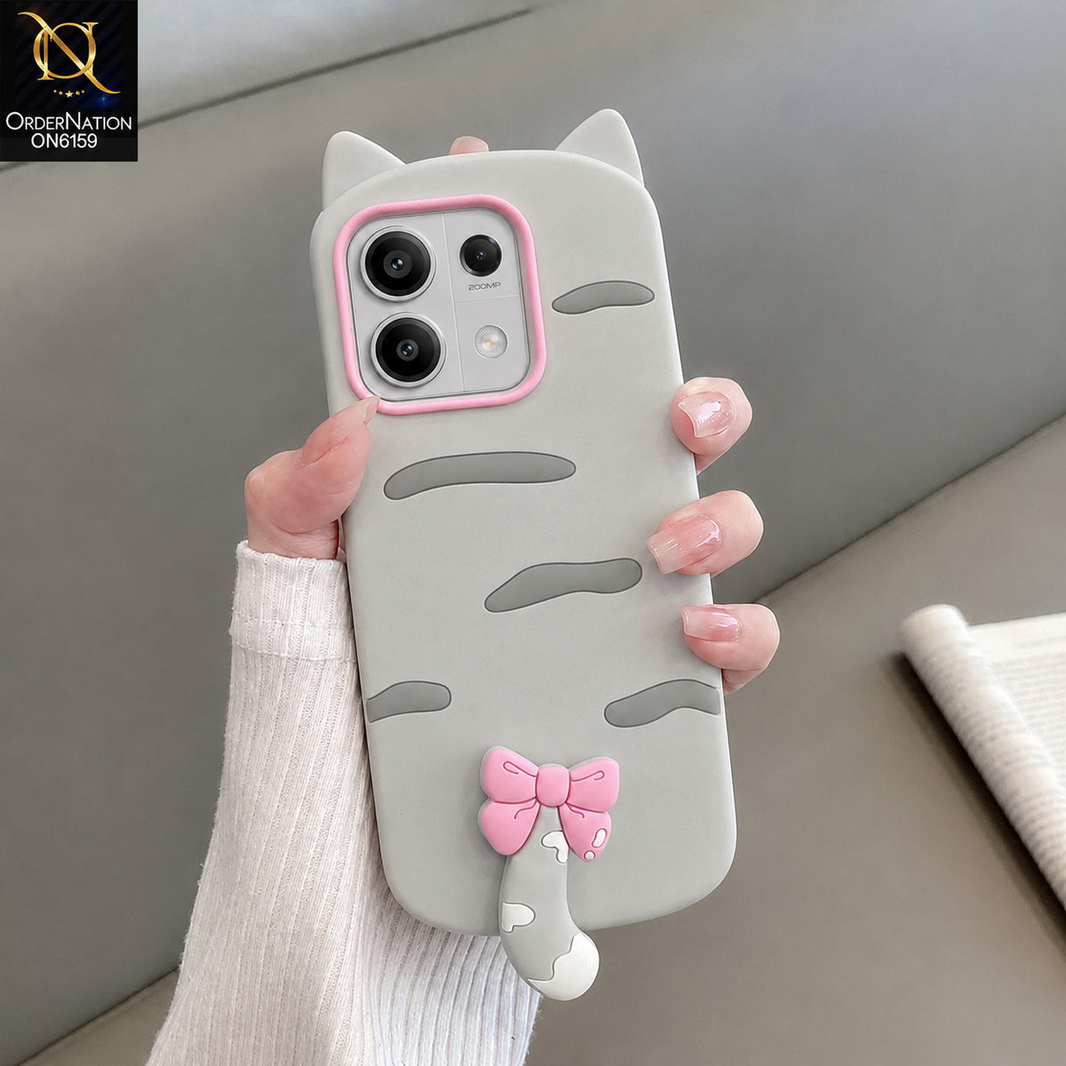 Xiaomi Redmi Note 13 Pro 4G Cover - Grey - Cute Bow 3D Tail Silicone Phone Case with Ear Details