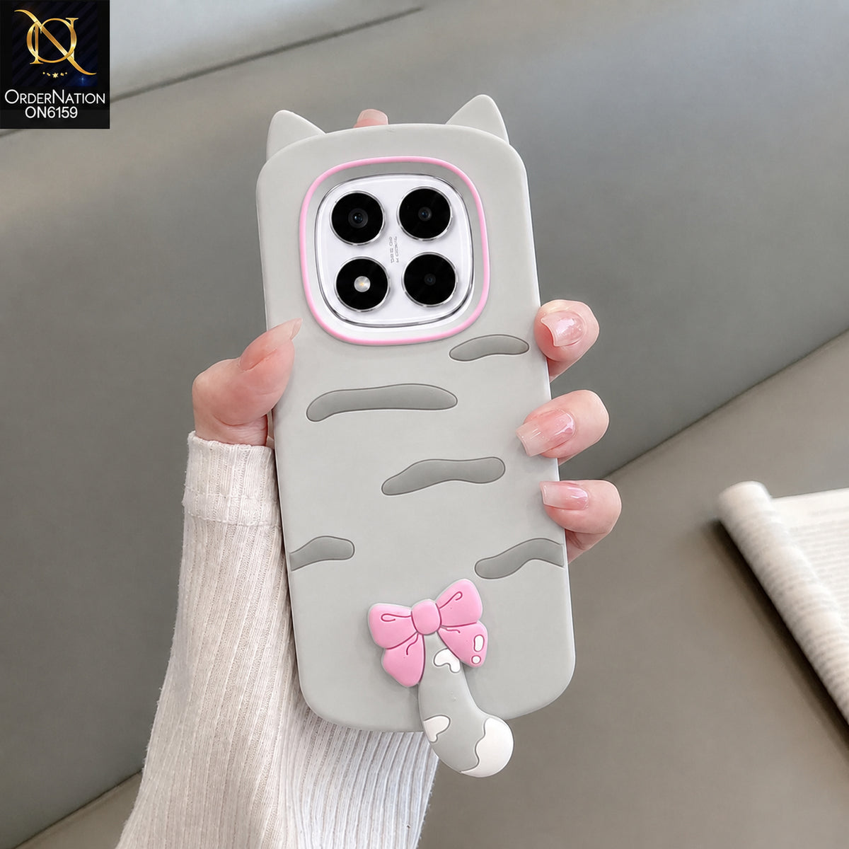 Xiaomi Redmi Note 14 Pro 4G Cover - Grey - Cute Bow 3D Tail Silicone Phone Case with Ear Details