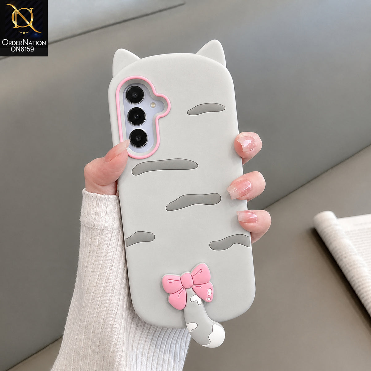 Samsung Galaxy A15 4G Cover - Grey - Cute Bow 3D Tail Silicone Phone Case with Ear Details