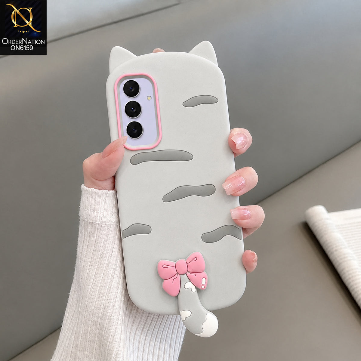 Samsung Galaxy A54 5G Cover - Grey - Cute Bow 3D Tail Silicone Phone Case with Ear Details