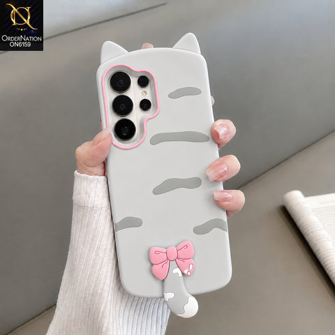 Samsung Galaxy S25 Ultra Cover - Grey - Cute Bow 3D Tail Silicone Phone Case with Ear Details