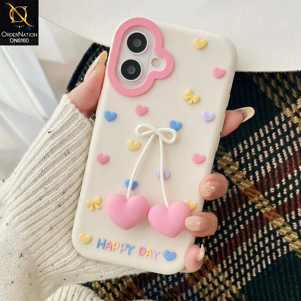 iPhone 16 Cover - White - Aesthetic Love Heart & Bowknot Soft Silicone Phone Case