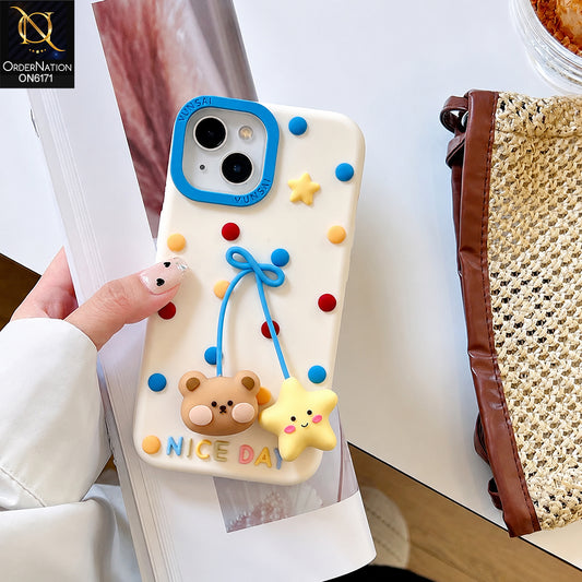 iPhone 15 Cover - White - Cute 3D Polka Dot Phone Case with Star & Bow Pendant Charm Protective Cover