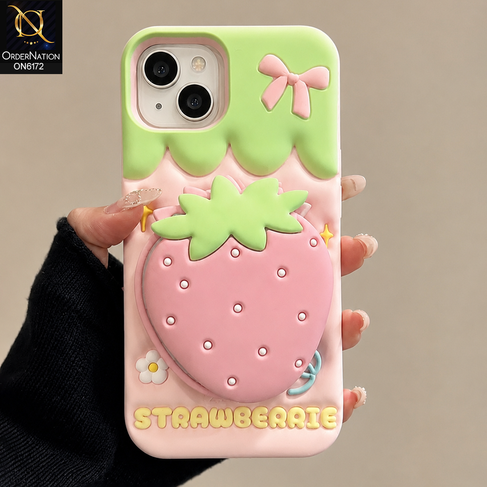 iPhone 13 Cover - Pink - Cute 3D Soft Silicone Phone Case - Aesthetic Mobile Cover with Built-in Mirror Holder