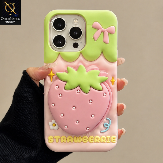 iPhone 15 Pro Cover - Pink - Cute 3D Soft Silicone Phone Case - Aesthetic Mobile Cover with Built-in Mirror Holder