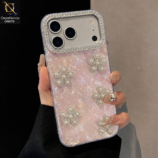 iPhone 17 Pro Max Cover - Pink - Luxury Flora Pearl Crystal Phone Case with Rhinestone Camera Frame