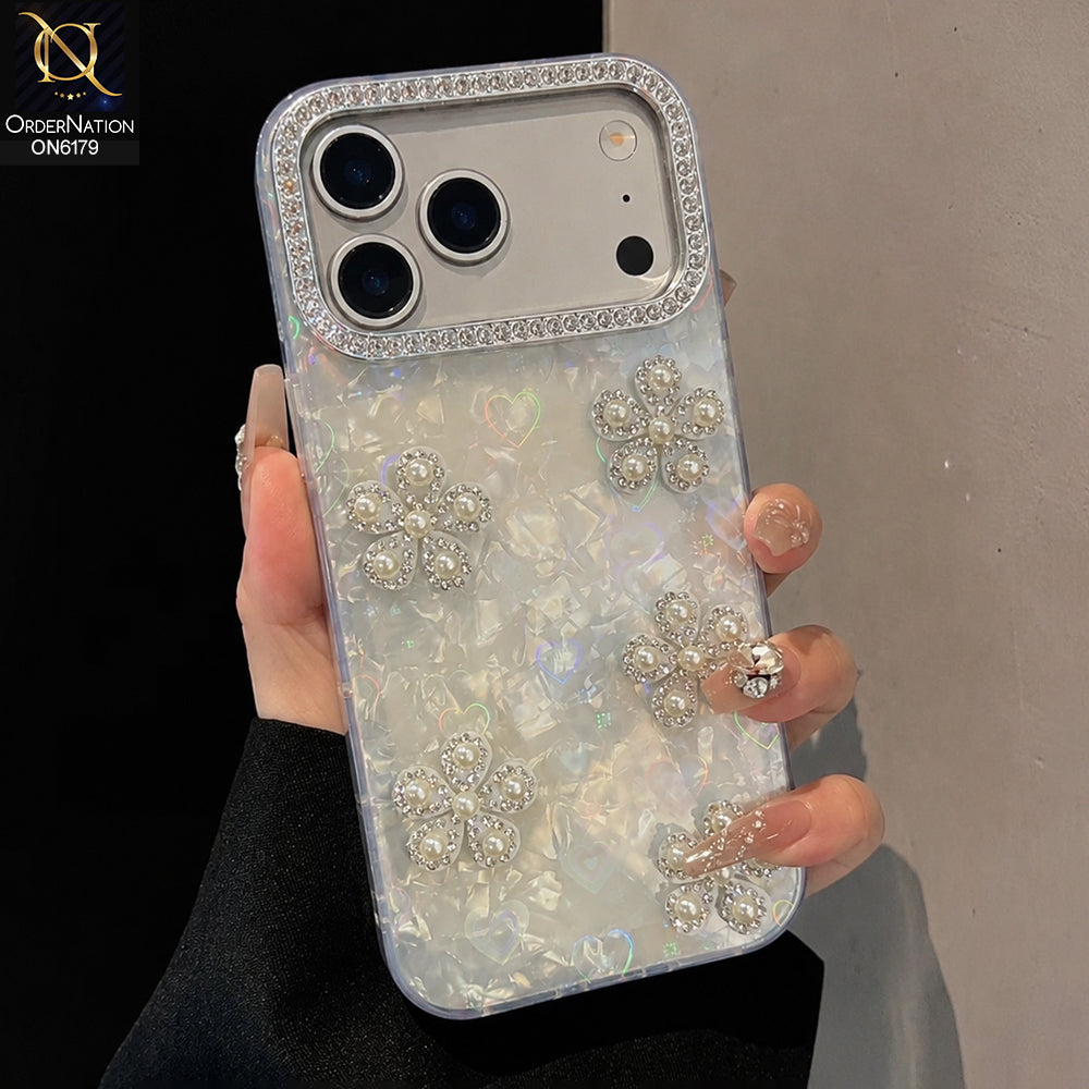 iPhone 17 Pro Max Cover - White - Luxury Flora Pearl Crystal Phone Case with Rhinestone Camera Frame