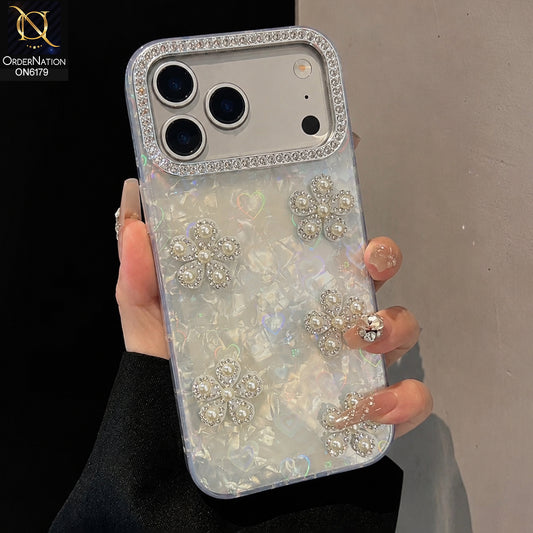 iPhone 17 Pro Max Cover - White - Luxury Flora Pearl Crystal Phone Case with Rhinestone Camera Frame