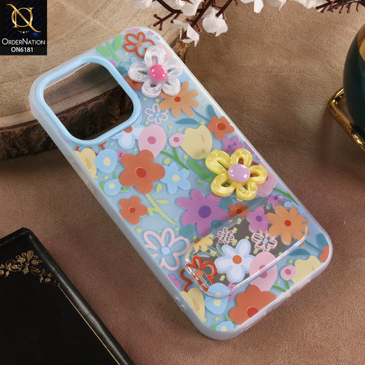 iPhone 14 Pro Max Cover - Blue - 3D Daisy & Blossom Shockproof Case with Mirror